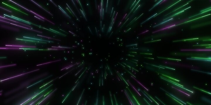Neon light streaks in abstract dark space with glowing particles