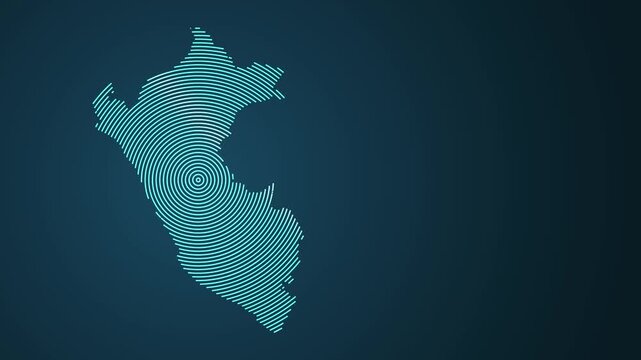 Animated fingerprint pattern morphing into Peru map with concentric rings on dark blue background