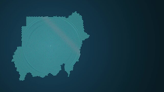 Animated concentric rings forming Sudan map outline with text reveal on dark blue background