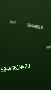 Vertical video: Opening numeric string sending labels rotating, drifting inward, showing data flow