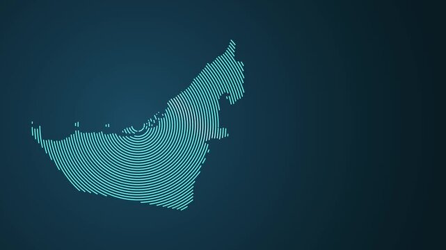Animated fingerprint pattern forming UAE map with text reveal on dark blue background