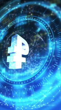 Vertical video: HUD ring pulsing, ruble symbol rising and spinning, creating stable future emblem