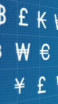 Vertical video: On start camera panning, money glyphs shifting across blue grid showing world trade