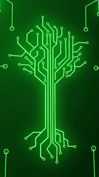 Vertical video: Neon green crescent starting lines forming circuit tree tips pulsing showing links