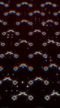 Vertical video: RGB fringe pulsing, white squares rotating and mirroring to form kaleidoscopic grid