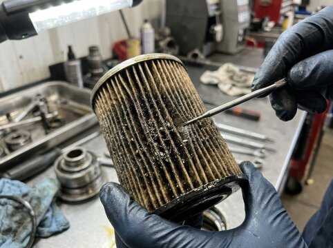 fuel filter contamination inspection Dirty car oil filter being cleaned with a tool by gloved hands in a workshop.