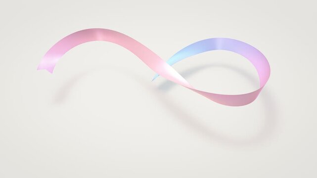 Iridescent satin ribbon traveling endlessly along a figure eight path above a white floor