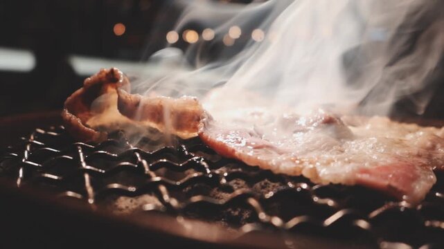 Grilled meat steak on stainless grill depot with flames on dark background. Food and cuisine concept. Copy space image. Place for adding text or design