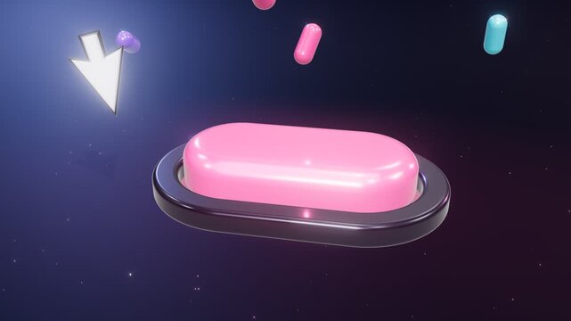 Glossy 3D blank pill button clicked by mouse cursor with squash bounce glow ripples and color change