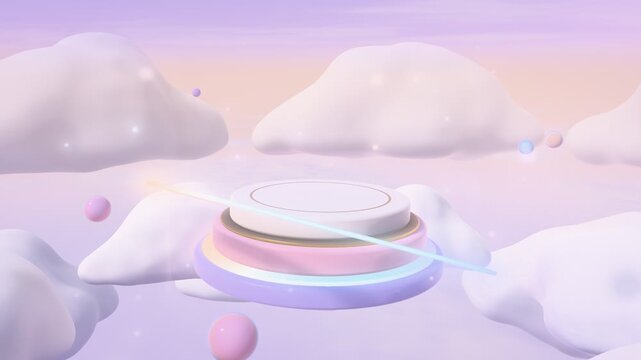 Dreamy 3D pastel podium floating among soft pastel clouds with glowing halo ring pearl orbs and sparkles