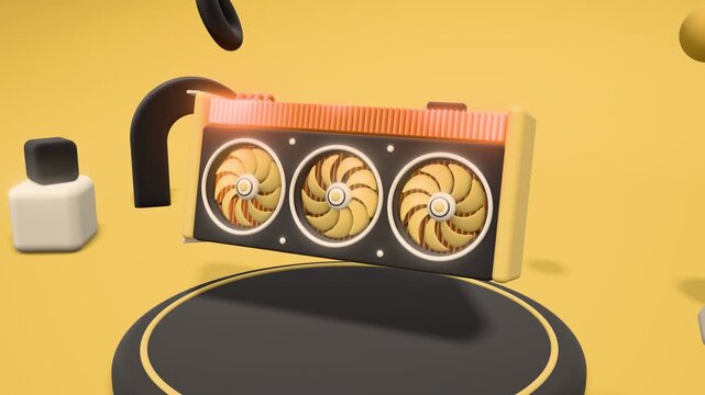 Matte clay 3d graphics card with spinning cooling fans and glowing orange heatsink fins