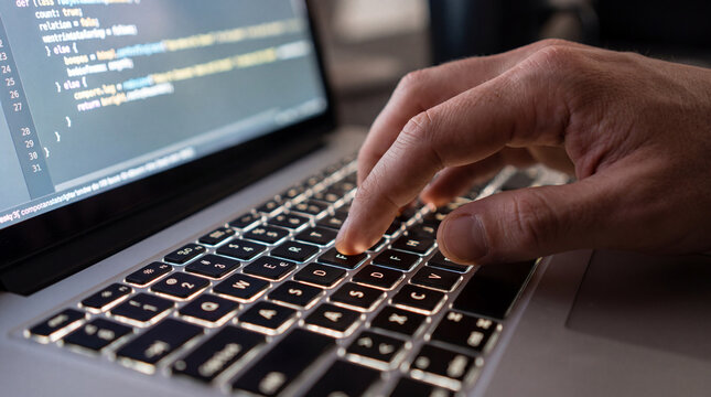 Screen displaying source code, a programmer is typing on the laptop keyboard. Computer language, technology software update, software as service, IT support.