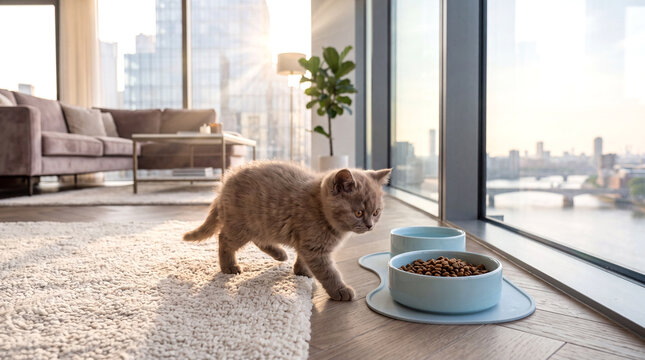 A young kitten walks toward its food bowl to eat. A beautiful apartment on the top floor of a high-rise residential building. Pets, feeding, pet care, pet food.