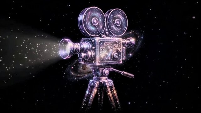 Galaxy dots form a vintage classic film camera on a tripod against a black background, movie,  