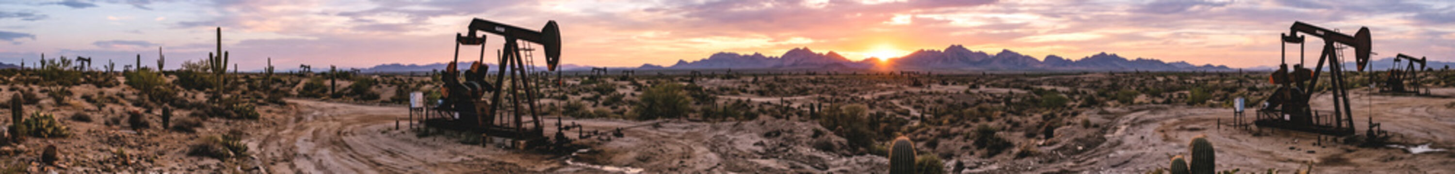 Desert with oil pumps at sunset, mountains and scattered clouds in the background, panoramic view. Oil and gas industry, commodity, energy, fuel, petrol, oilfield,  production, energy, heating oil.