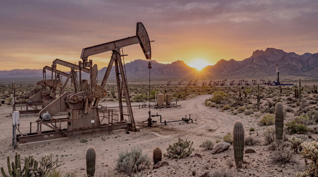 Texas desert, a vast landscape, an oil field with oil pumps at sunset, with the mountains in the background. Commodity, oil and gas industry, energy, fuel, petrol, production, energy, heating oil.