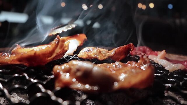 Grilled meat steak on stainless grill depot with flames on dark background. Food and cuisine concept. Copy space image. Place for adding text or design