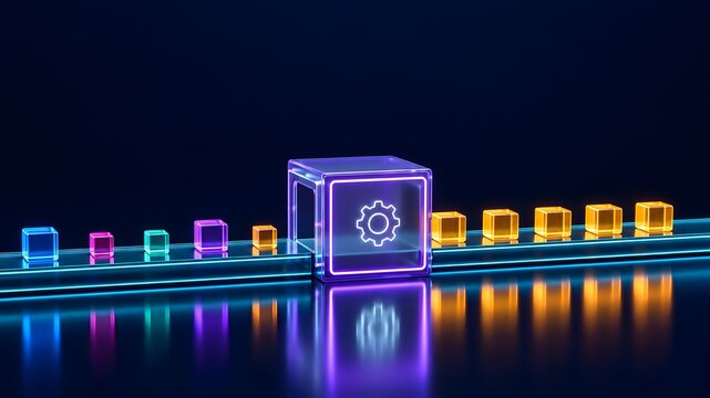 Digital data transformation pipeline converting raw colorful blocks into standardized uniform units through a central processor.