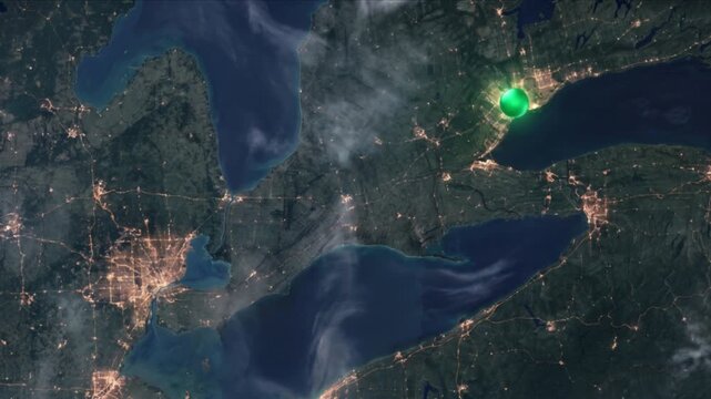 デトロイトからトロントへの光子移動を示す五大湖の衛星軌道視点の様子