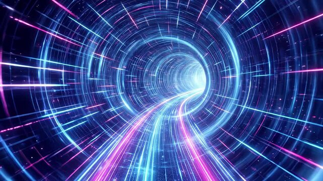 Digital data stream flowing rapidly through glowing circular fiber optic tunnel. Concept of high speed internet transmission and futuristic computing networks. Forward camera movement.