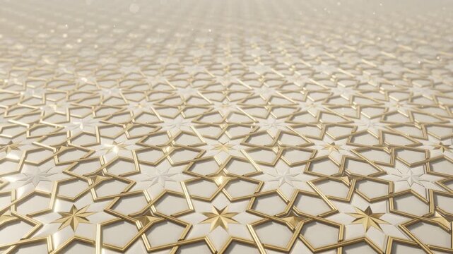 Islamic geometric patterns gold and white marble relief with interlaced eight point stars