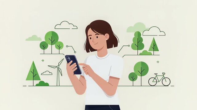 Woman using smartphone with ecology app showing leaf graphics and data