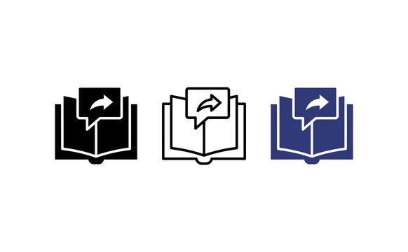 Modern book sharing icon set, open book with speech bubble and arrow symbols, digital knowledge exchange graphics for education and publishing
