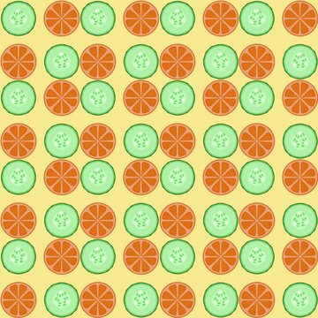 Seamless Cucumber and Orange Slice Pattern on Yellow Background