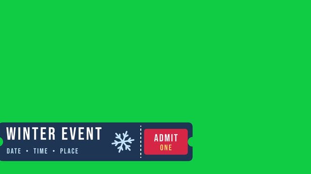 Winter event ticket lower third with date and place on green screen. 2D animation.