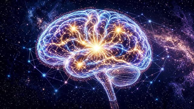 Synaptic neural network pulsing with electricity inside human brain model against deep space cosmos. Neuroscience and machine learning concept. Horizontal panning camera movement.