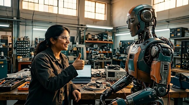 Female engineer wearing safety glasses gives a thumbs up to a humanoid robot in a workshop setting with tools and electronic equipment on the workbench