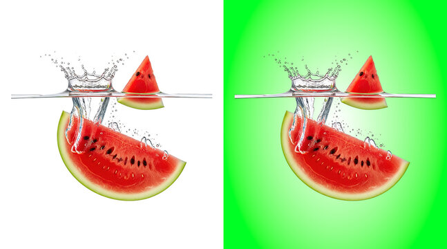 Fresh watermelon slices falling into clear water with splashes isolated on white background