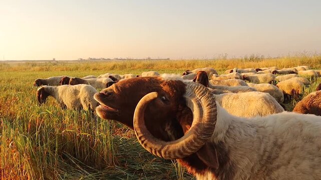 Ram curls its upper lip in a sheep flock, displaying the flehmen response to detect pheromones. Veterinary behavior, livestock reproduction, animal physiology and farm management concept.
