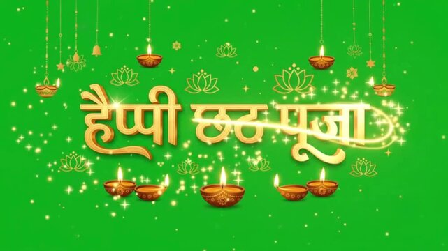 Happy Chhath Puja Hindi Greeting Text Animation on Green Screen Background
