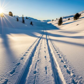 Parallel ski tracks lead through deep powder in a quiet alpine valley as the bright morning sun casts long shadows over the white terrain, outdoors, snow, untouched