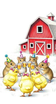 Small field mice and fluffy chicks raise tiny cider cups near a miniature red barn in a soft pencil sketch filled with joyful celebration, illustration, texture, sketch