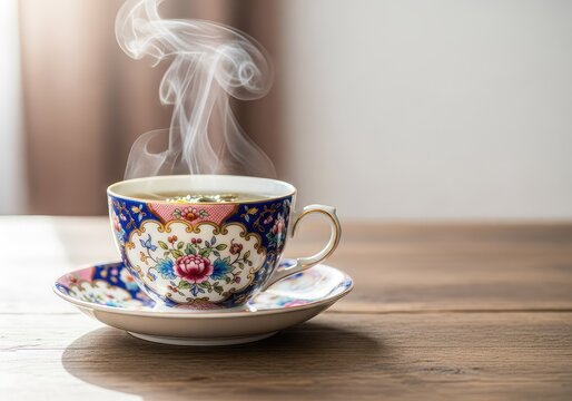 Steaming herbal tea served in an elegant vintage porcelain cup with floral patterns, placed on a rustic wooden table in soft morning light, porcelain, comfort, floral