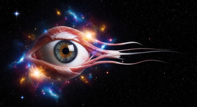 Surrealist depiction of a detailed eye with muscle tissue drifting in deep space amidst colorful stardust and glowing celestial clouds, astral, macro, hyper-realistic