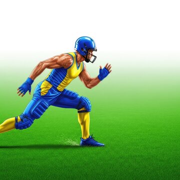 Vibrant digital illustration of athletic figures in protective sports gear and uniforms, showcasing dynamic action on a bright green field, offense, pads, dynamic
