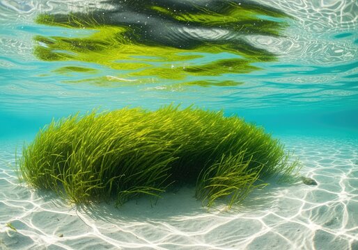 Vibrant green seaweed dances in clear shallow ocean water as sunlight pierces the rippling surface illuminating the sandy seabed below, liquid, ripples, background