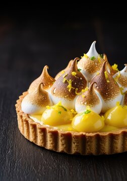 Vibrant lemon tart with glossy citrus curd, scorched meringue peaks, and fresh zest, set against a dark rustic background for contrast, culinary, organic, garnish