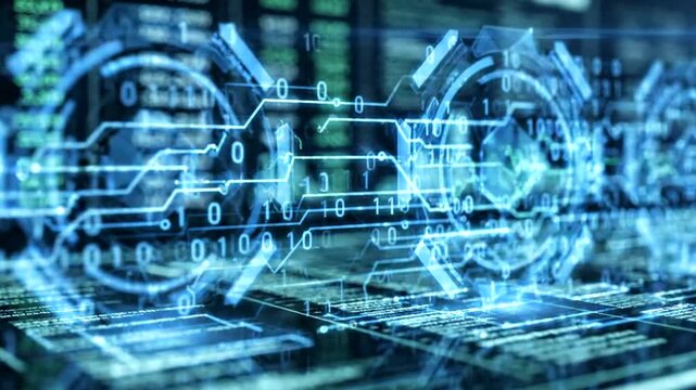 3D render of financial market data analysis with digital charts and binary code in cyberspace