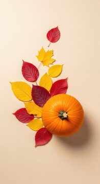 Vibrant orange pumpkins and scattered colorful autumn leaves artfully arranged on a minimalist beige background for a warm seasonal theme, fall, organic, background