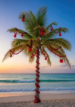 Vibrant red ornaments and tinsel decorate a lush palm tree on a serene beach with soft white sand and gentle turquoise ocean waves at dusk, travel, glowing, sea
