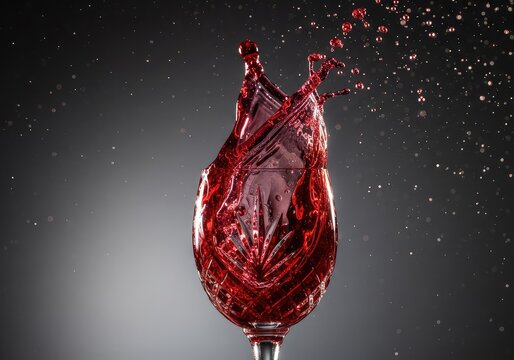 Vibrant red wine erupts from a crystal glass in a dynamic splash, surrounded by sparkling droplets against a clean, dark background, speed, taste, drink