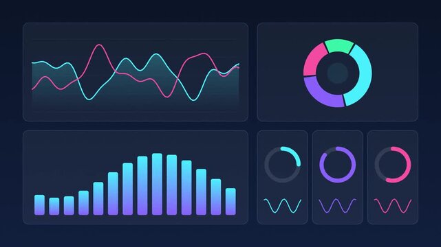 Business analytics dashboard with moving line chart, donut chart and bar graphs seamless loop, data visualization and reporting animation