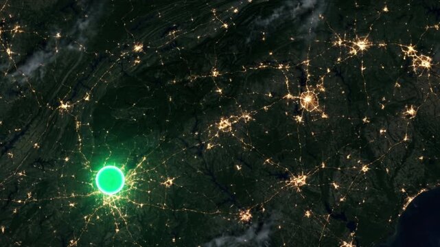 シャーロットからアトランタへの光子移動を示す衛星軌道視点の様子
