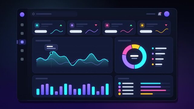 Dark analytics dashboard interface with animated line chart, donut chart, bar graph, KPI cards and data table