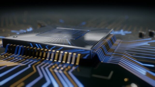 Extreme macro chrome processor chip on dark green substrate with blue light pulses loop