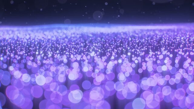 Dense field of glowing fiber optic tips swaying in slow wave blue to violet macro bokeh loop